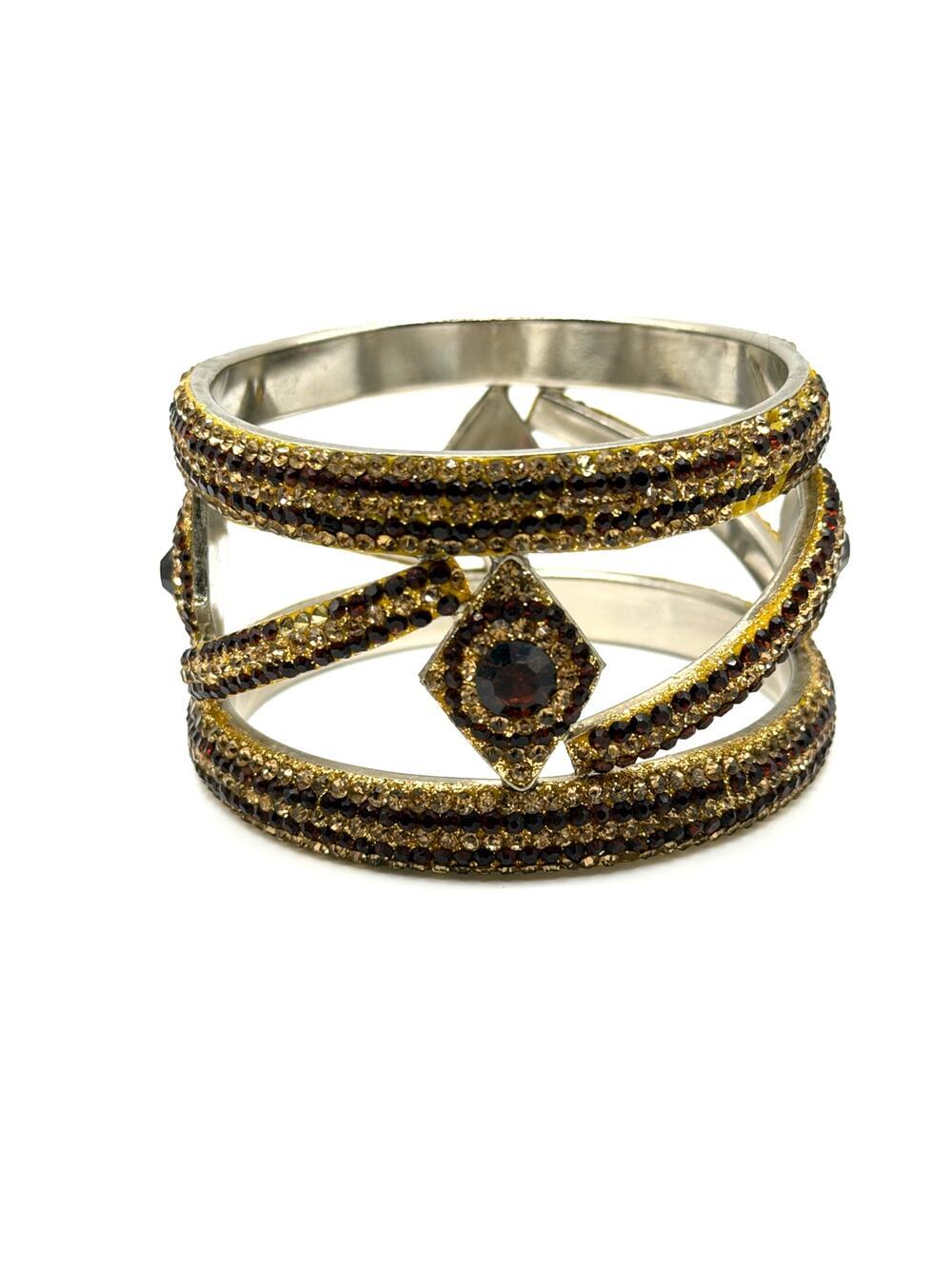 Garnet & Gold Tone Rhinestone Bracelet – Statement Cuff